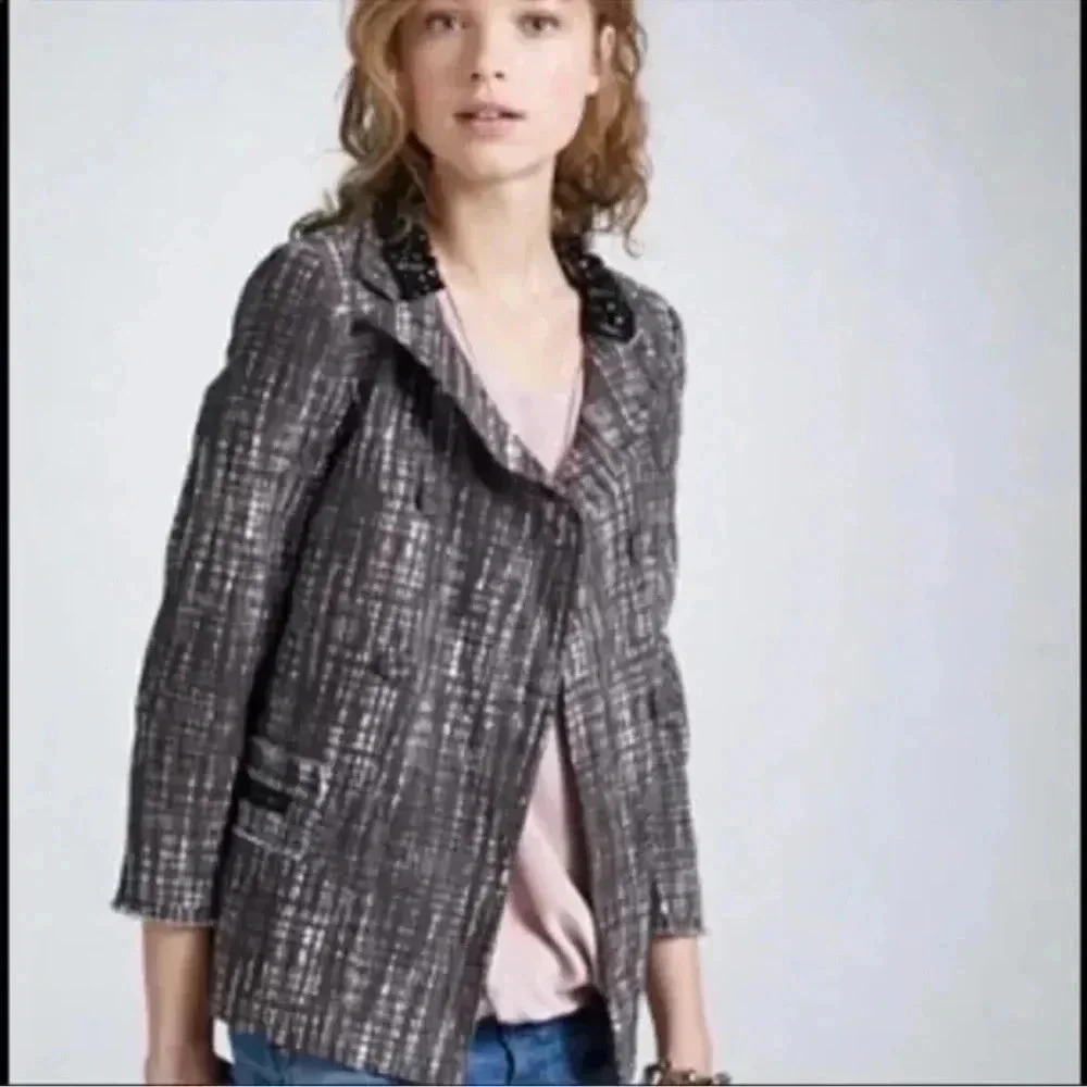 J. Crew Collection Grey Contessa Embellished Collar Tweed Blazer Jacket Size 4